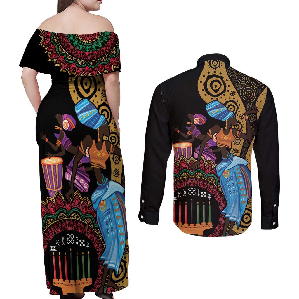 Happy Kwanzaa African Couples Matching Off Shoulder Maxi Dress and Long Sleeve Button Shirt Tribal Dance LT7 - Wonder Print Shop