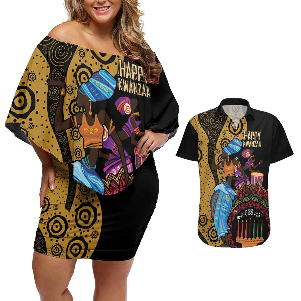 Happy Kwanzaa African Couples Matching Off Shoulder Short Dress and Hawaiian Shirt Tribal Dance LT7 - Wonder Print Shop
