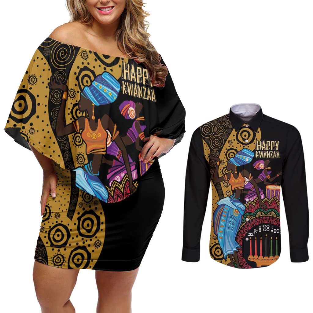 Happy Kwanzaa African Couples Matching Off Shoulder Short Dress and Long Sleeve Button Shirt Tribal Dance LT7 - Wonder Print Shop