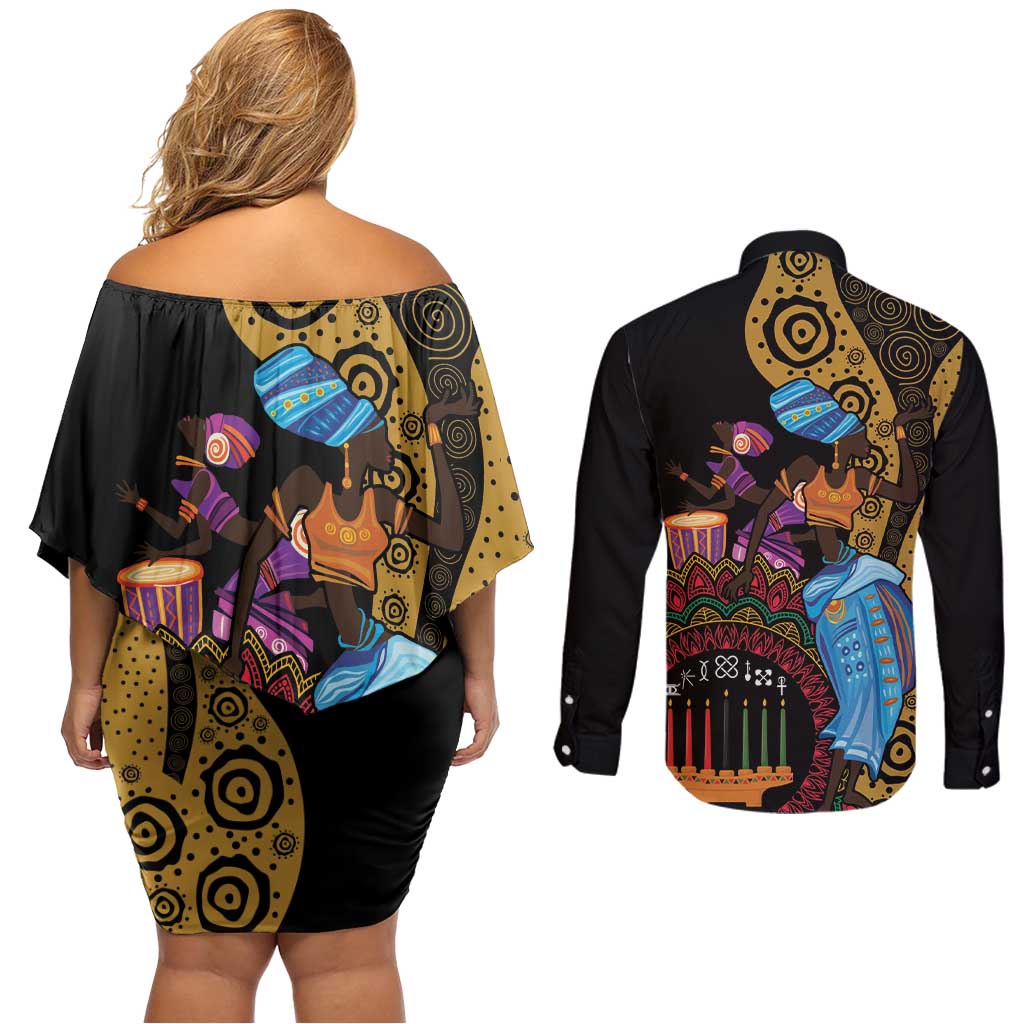 Happy Kwanzaa African Couples Matching Off Shoulder Short Dress and Long Sleeve Button Shirt Tribal Dance LT7 - Wonder Print Shop