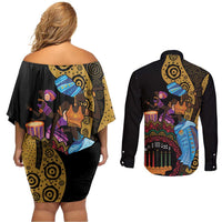 Happy Kwanzaa African Couples Matching Off Shoulder Short Dress and Long Sleeve Button Shirt Tribal Dance LT7 - Wonder Print Shop