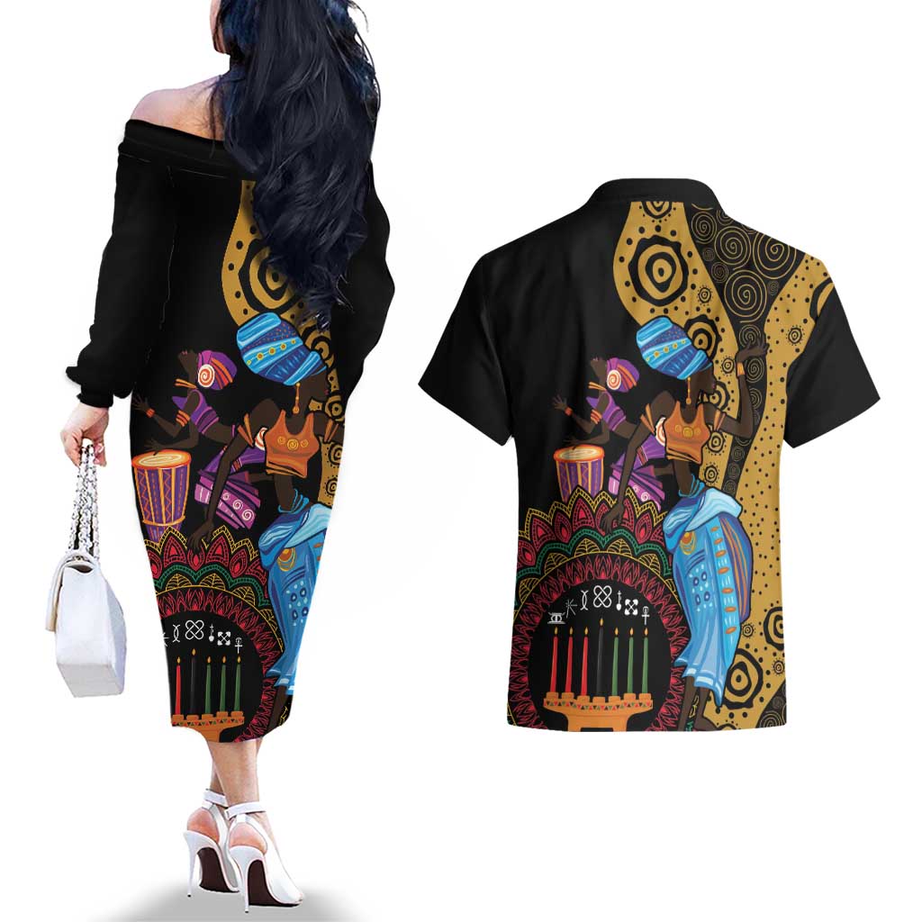 Happy Kwanzaa African Couples Matching Off The Shoulder Long Sleeve Dress and Hawaiian Shirt Tribal Dance LT7 - Wonder Print Shop