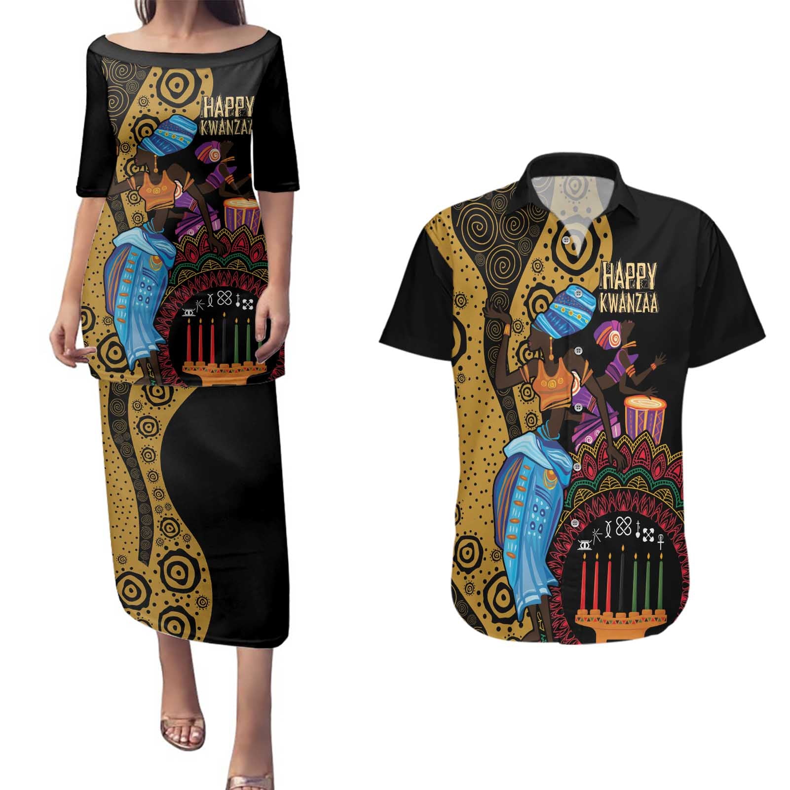 Happy Kwanzaa African Couples Matching Puletasi and Hawaiian Shirt Tribal Dance LT7 - Wonder Print Shop