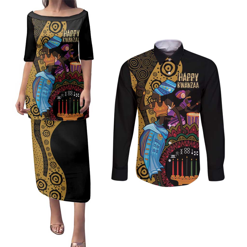Happy Kwanzaa African Couples Matching Puletasi and Long Sleeve Button Shirt Tribal Dance LT7 - Wonder Print Shop