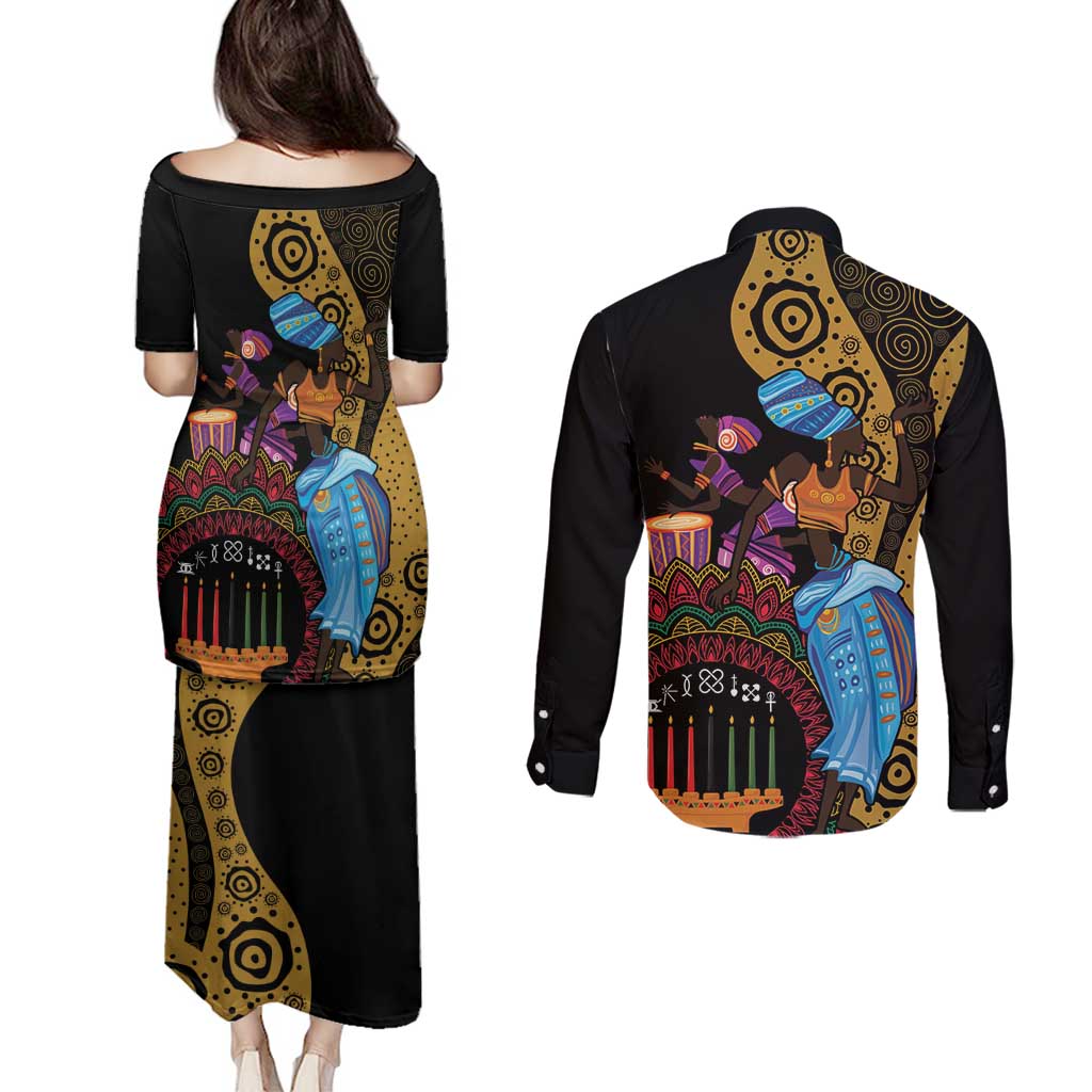 Happy Kwanzaa African Couples Matching Puletasi and Long Sleeve Button Shirt Tribal Dance LT7 - Wonder Print Shop