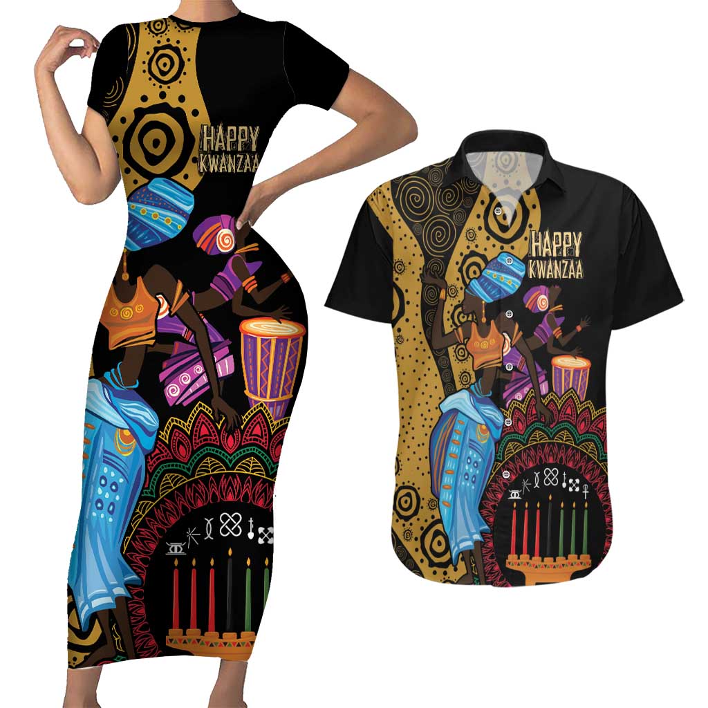 Happy Kwanzaa African Couples Matching Short Sleeve Bodycon Dress and Hawaiian Shirt Tribal Dance LT7 - Wonder Print Shop