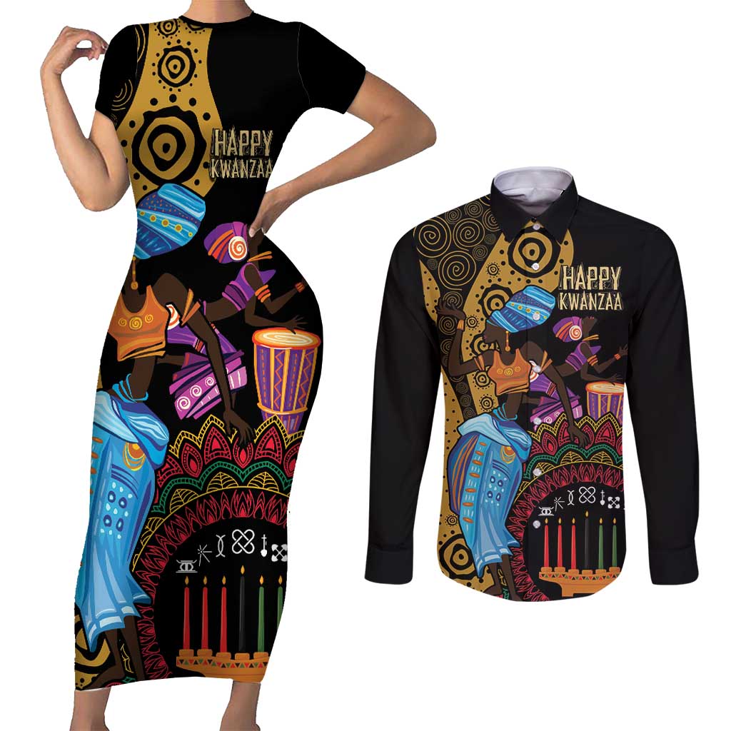 Happy Kwanzaa African Couples Matching Short Sleeve Bodycon Dress and Long Sleeve Button Shirt Tribal Dance LT7 - Wonder Print Shop