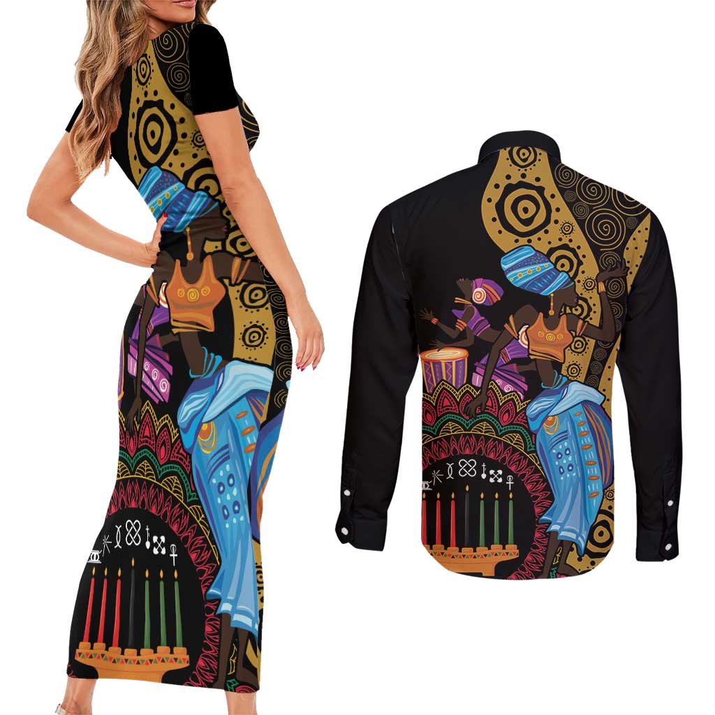 Happy Kwanzaa African Couples Matching Short Sleeve Bodycon Dress and Long Sleeve Button Shirt Tribal Dance LT7 - Wonder Print Shop
