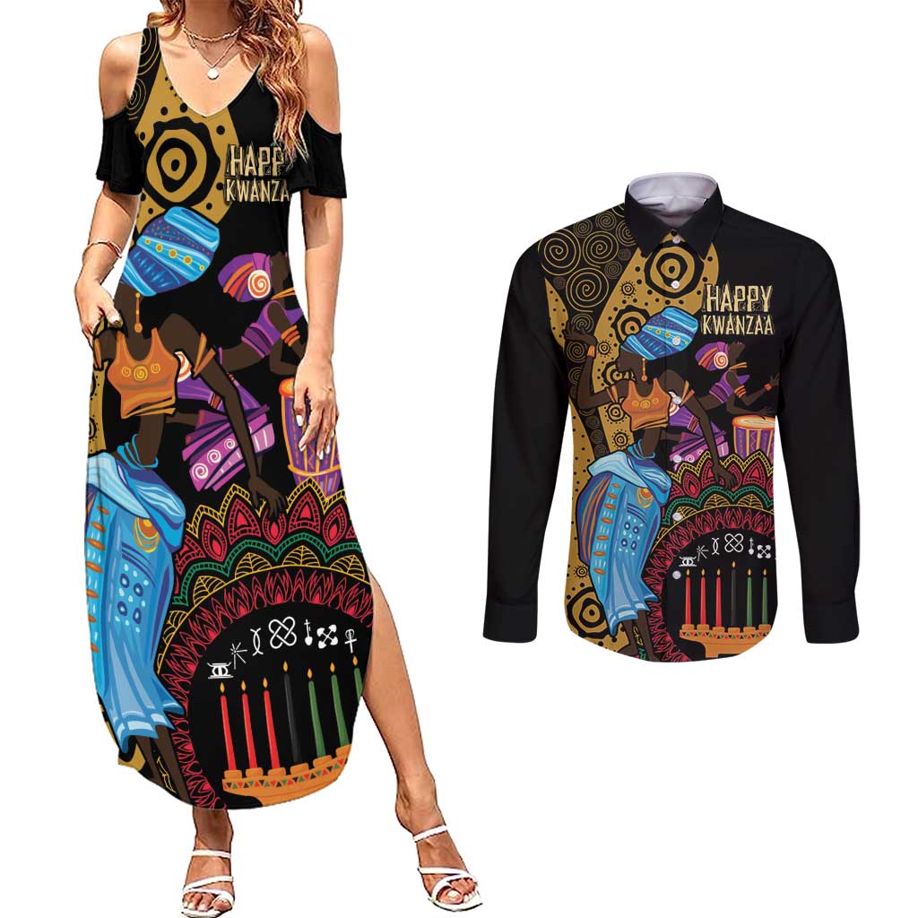 Happy Kwanzaa African Couples Matching Summer Maxi Dress and Long Sleeve Button Shirt Tribal Dance LT7 - Wonder Print Shop