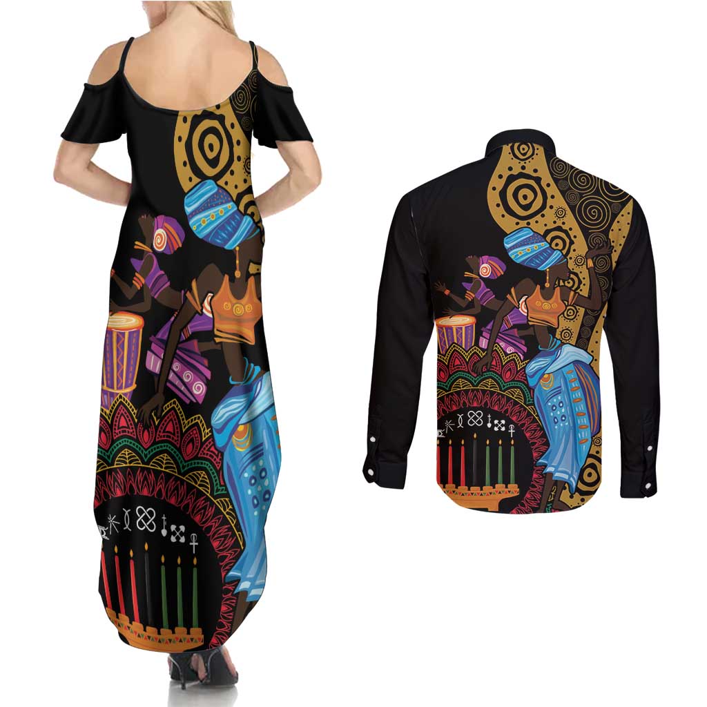 Happy Kwanzaa African Couples Matching Summer Maxi Dress and Long Sleeve Button Shirt Tribal Dance LT7 - Wonder Print Shop