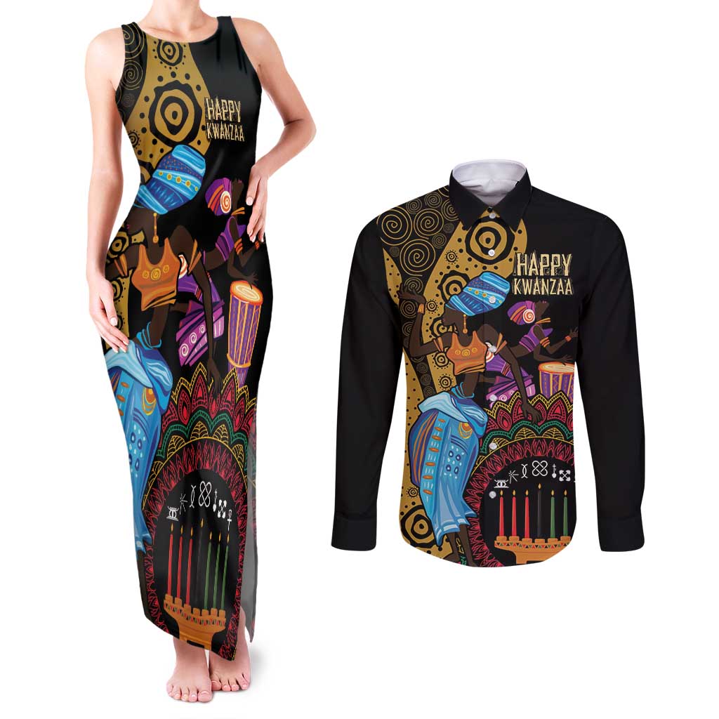 Happy Kwanzaa African Couples Matching Tank Maxi Dress and Long Sleeve Button Shirt Tribal Dance LT7 - Wonder Print Shop