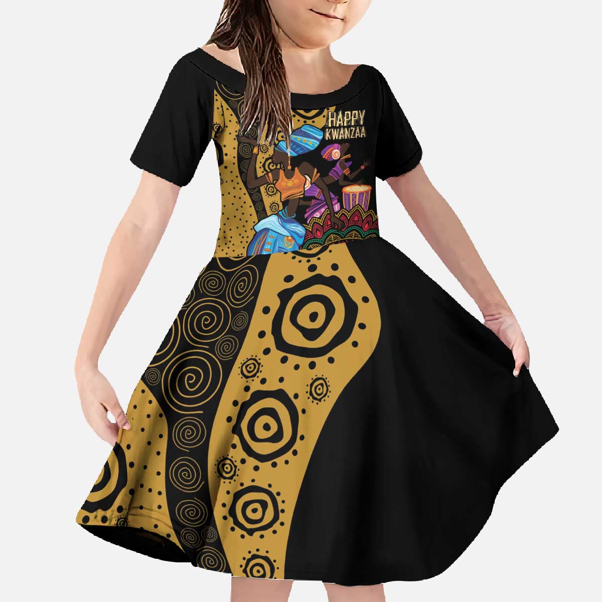 Happy Kwanzaa African Family Matching Off The Shoulder Long Sleeve Dress and Hawaiian Shirt Tribal Dance - Wonder Print Shop