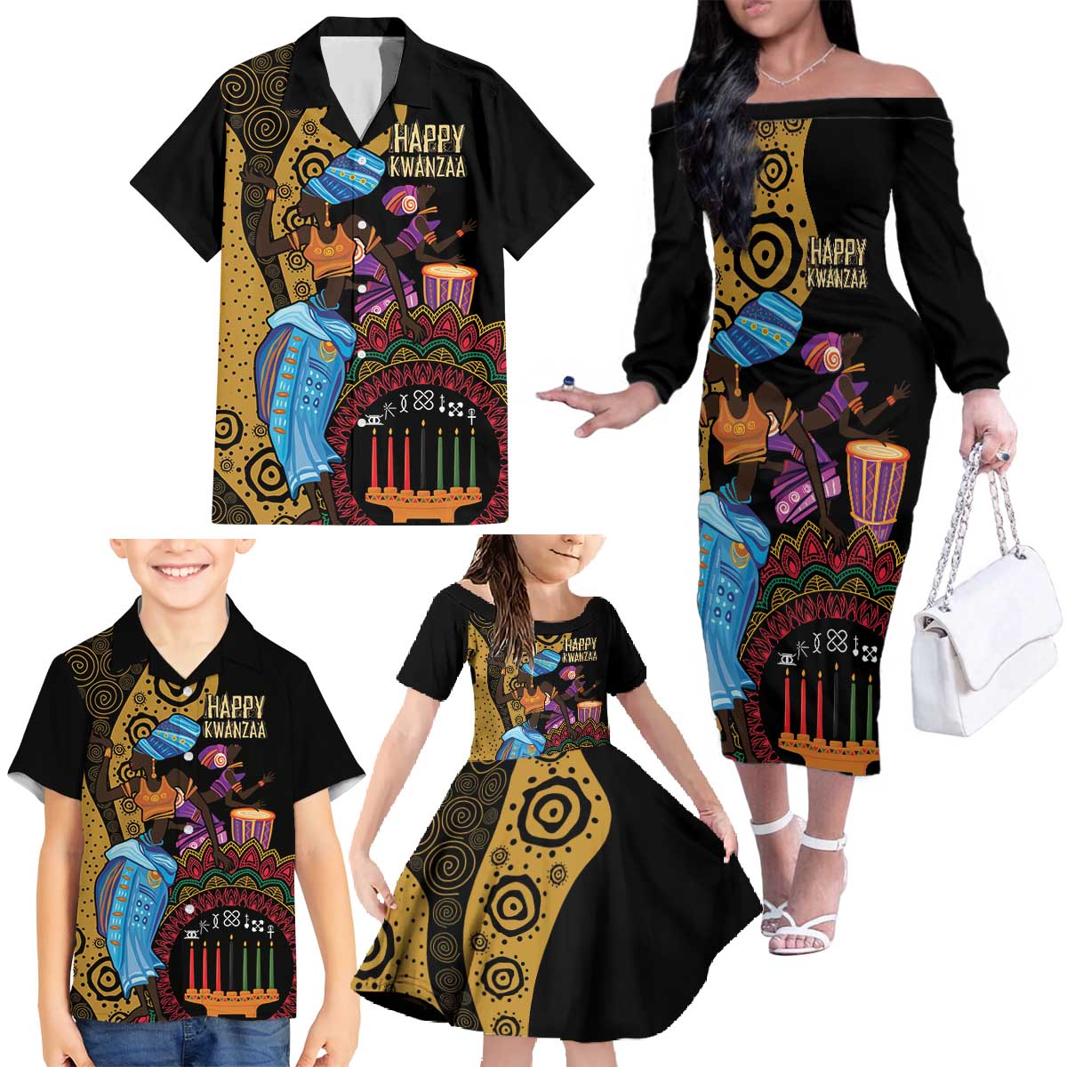 Happy Kwanzaa African Family Matching Off The Shoulder Long Sleeve Dress and Hawaiian Shirt Tribal Dance - Wonder Print Shop