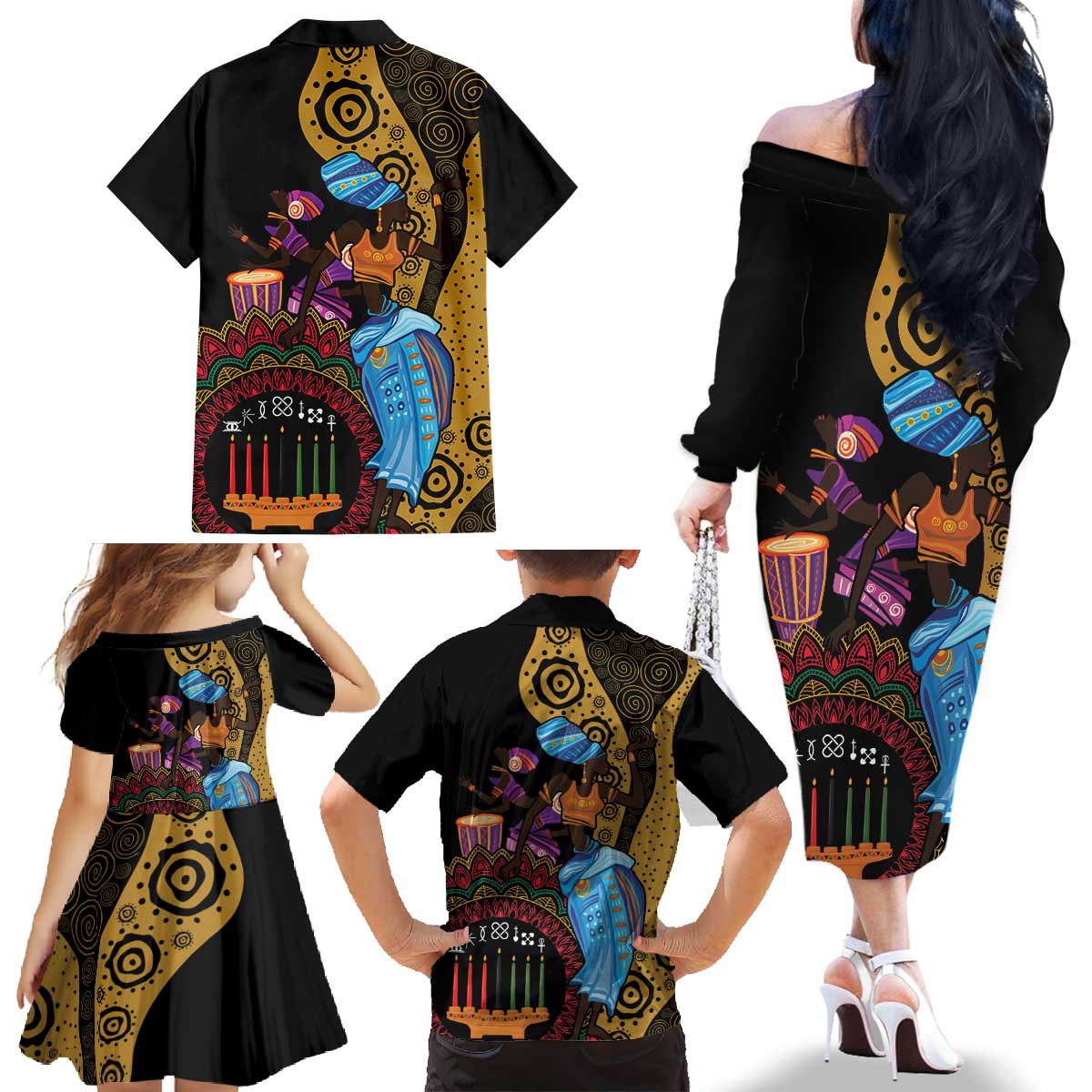 Happy Kwanzaa African Family Matching Off The Shoulder Long Sleeve Dress and Hawaiian Shirt Tribal Dance - Wonder Print Shop