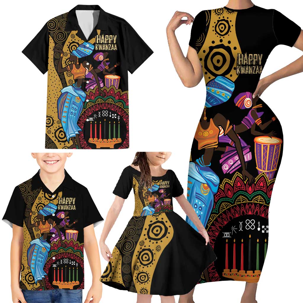 Happy Kwanzaa African Family Matching Short Sleeve Bodycon Dress and Hawaiian Shirt Tribal Dance - Wonder Print Shop