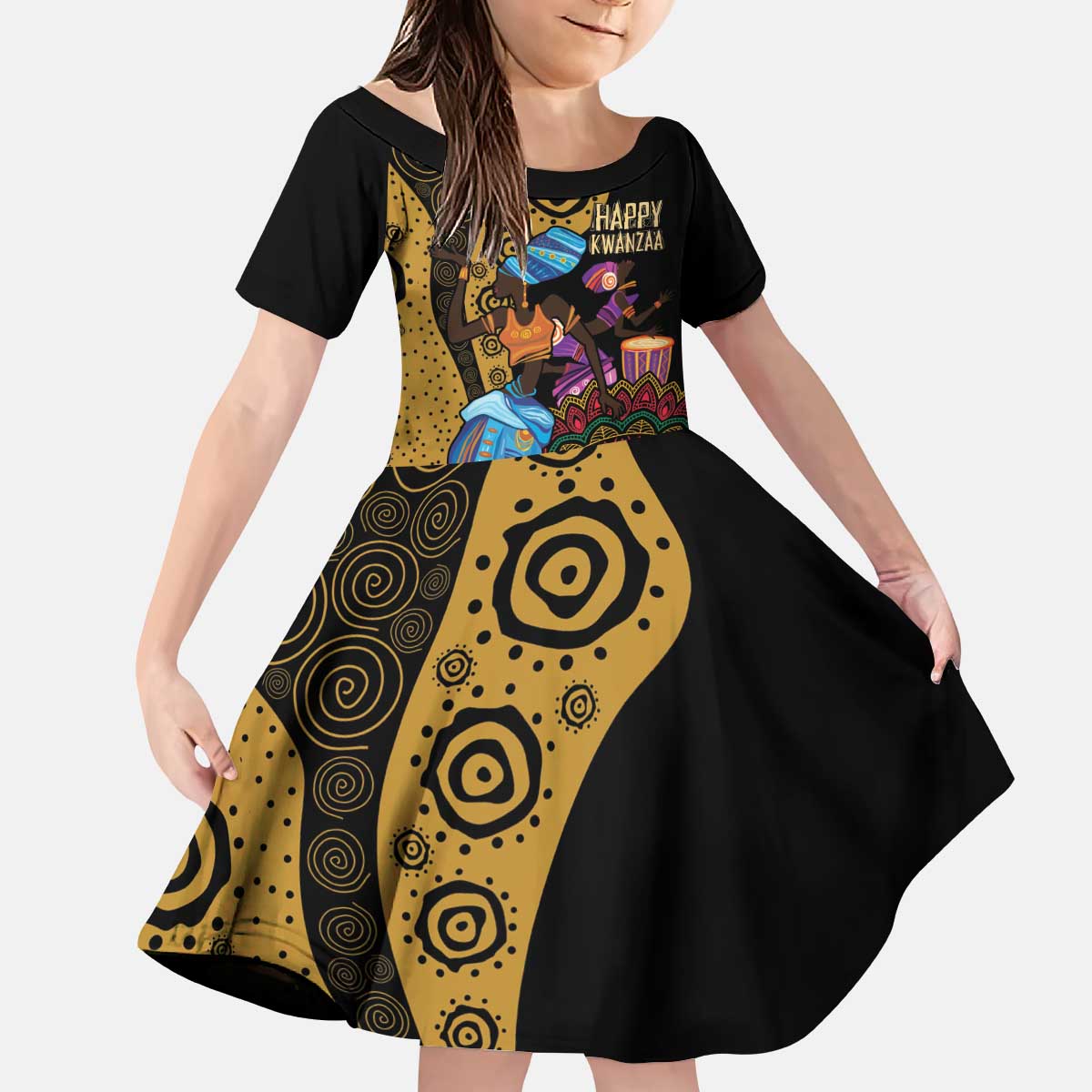 Happy Kwanzaa African Kid Short Sleeve Dress Tribal Dance - Wonder Print Shop