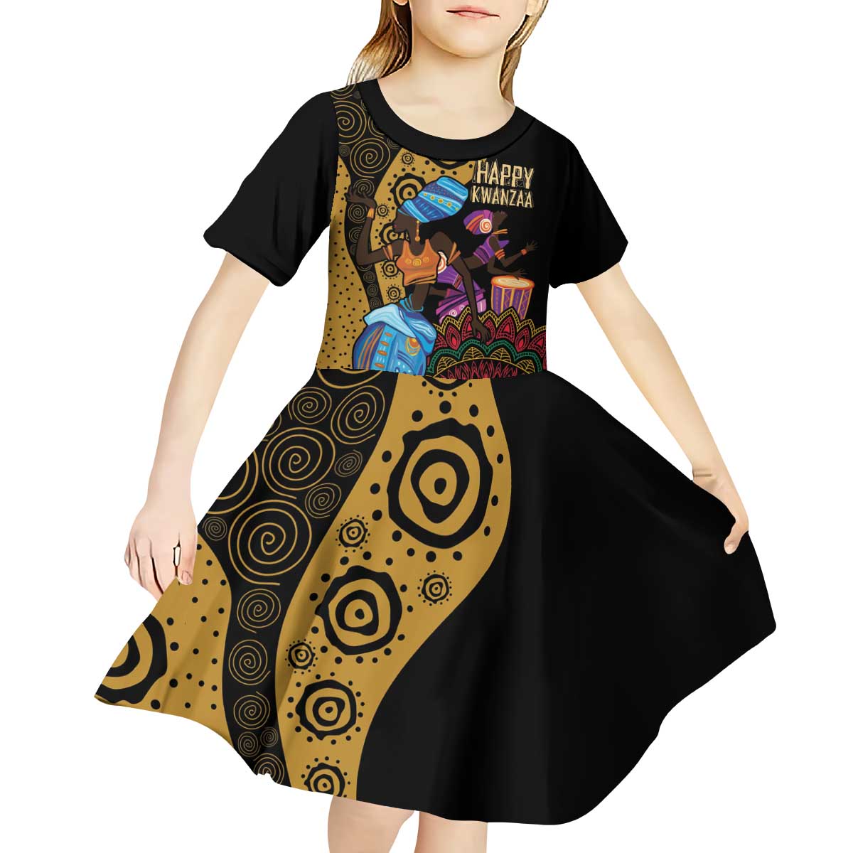 Happy Kwanzaa African Kid Short Sleeve Dress Tribal Dance - Wonder Print Shop