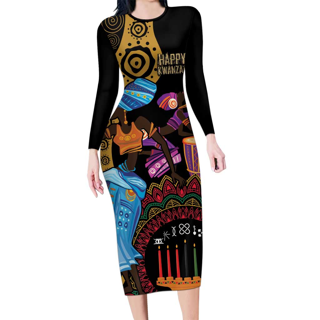 Happy Kwanzaa African Long Sleeve Bodycon Dress Tribal Dance - Wonder Print Shop