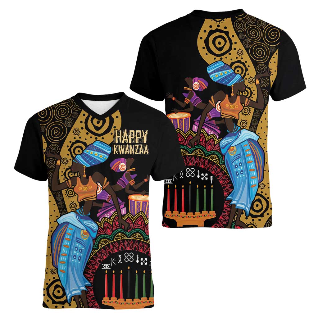 Happy Kwanzaa African Women V-Neck T-Shirt Tribal Dance - Wonder Print Shop