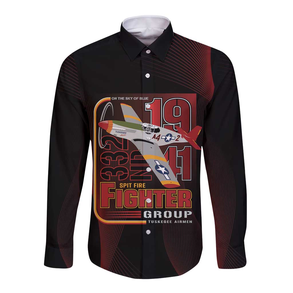 Tuskegee Airmen 332nd Spit Fire Long Sleeve Button Shirt On The Blue Sky - Wonder Print Shop