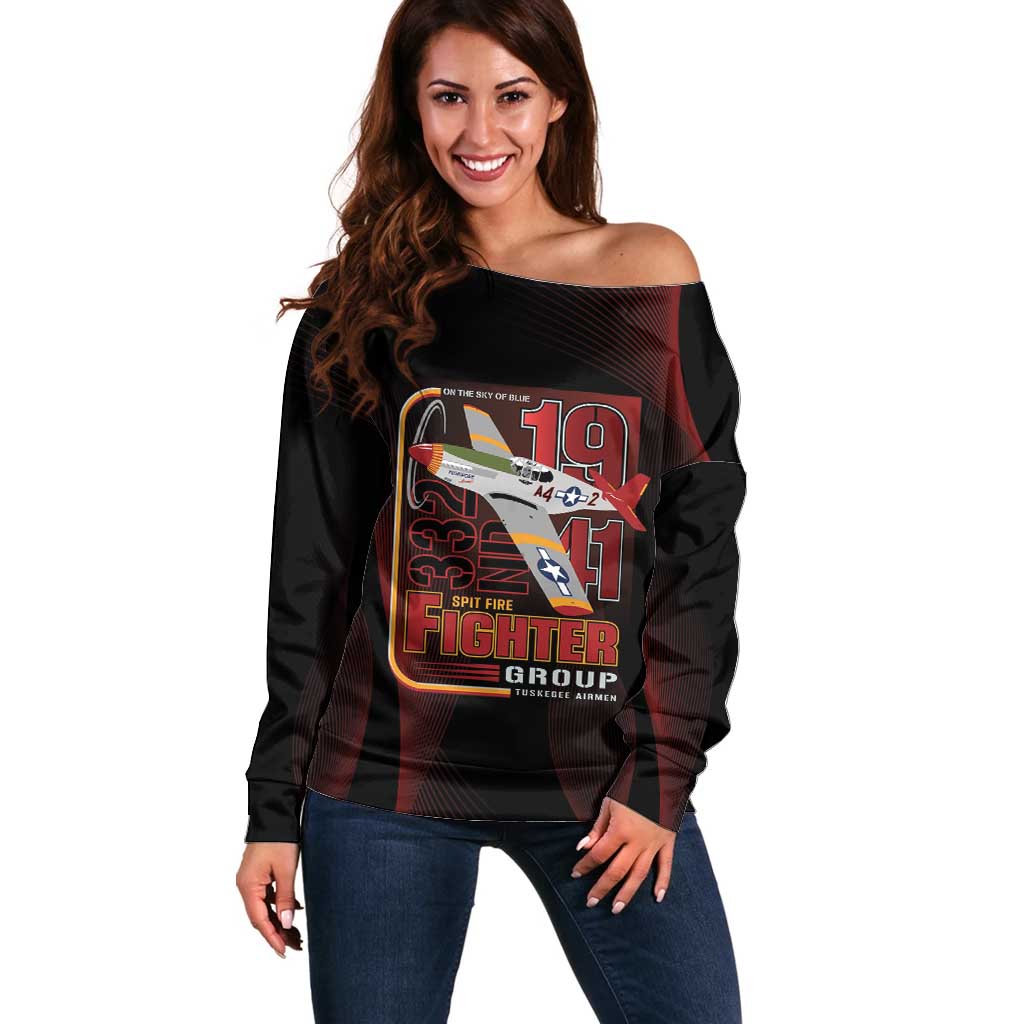 Tuskegee Airmen 332nd Spit Fire Off Shoulder Sweater On The Blue Sky - Wonder Print Shop