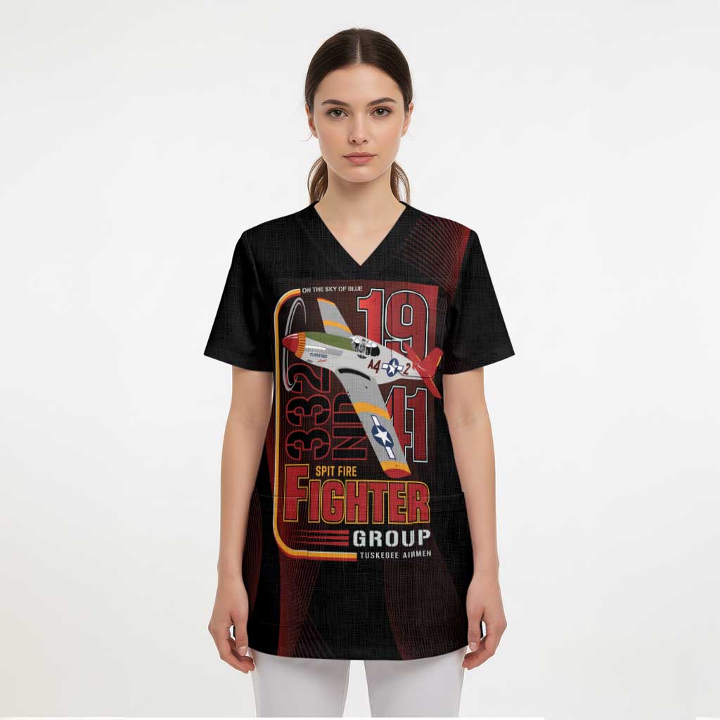Tuskegee Airmen 332nd Spit Fire Scrub Top On The Blue Sky - Wonder Print Shop