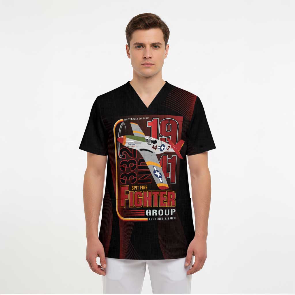 Tuskegee Airmen 332nd Spit Fire Scrub Top On The Blue Sky - Wonder Print Shop
