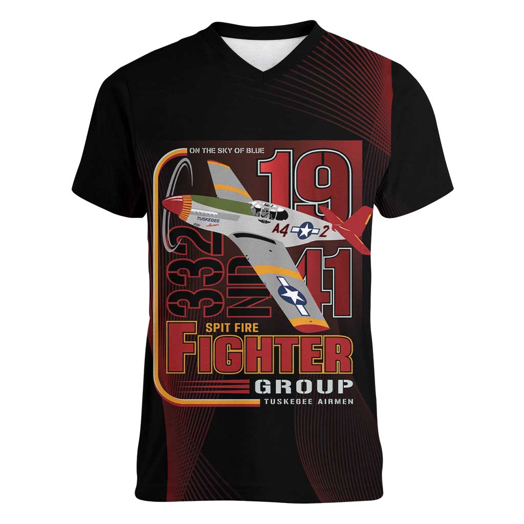 Tuskegee Airmen 332nd Spit Fire Women V-Neck T-Shirt On The Blue Sky - Wonder Print Shop