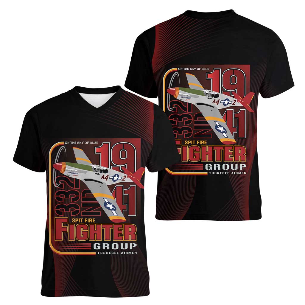 Tuskegee Airmen 332nd Spit Fire Women V-Neck T-Shirt On The Blue Sky - Wonder Print Shop