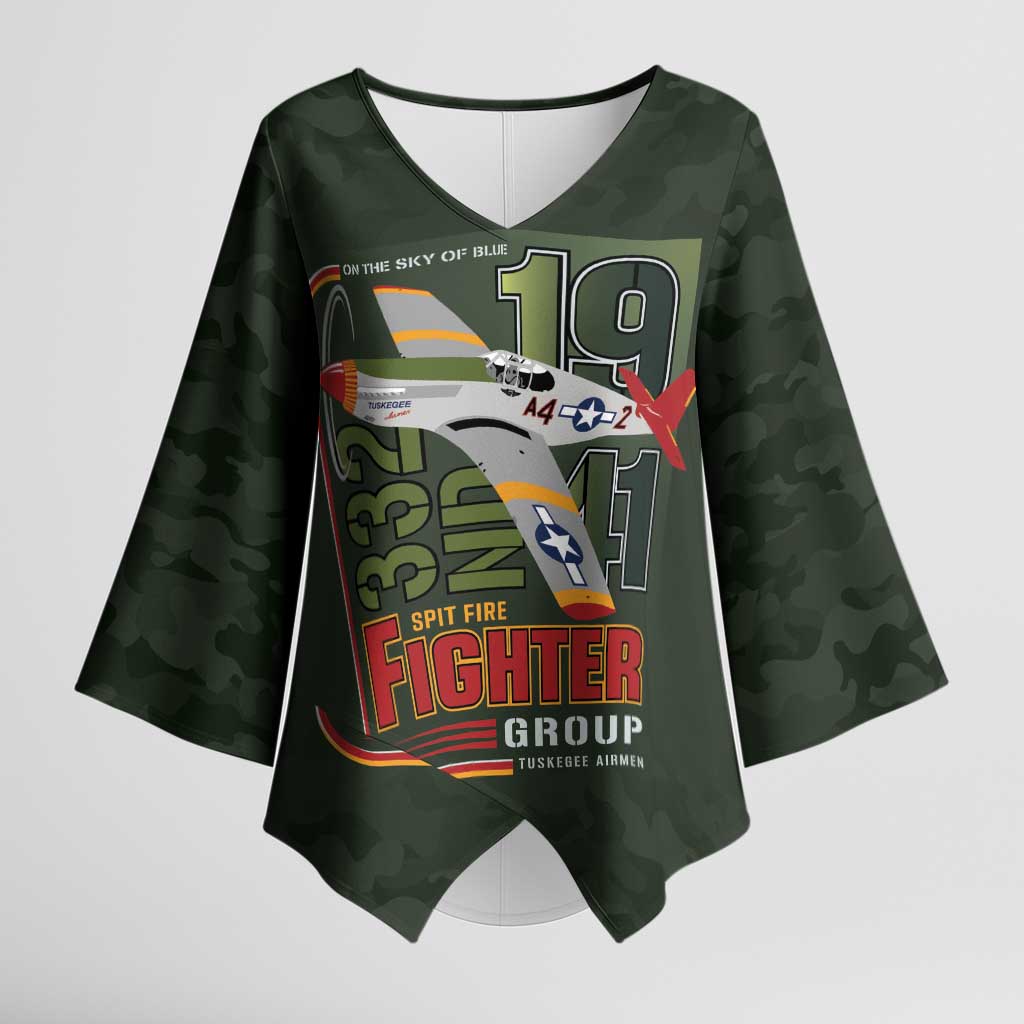 Tuskegee Airmen 332nd Spit Fire Kimono Sleeve Blouse Camo Moss Green - Wonder Print Shop