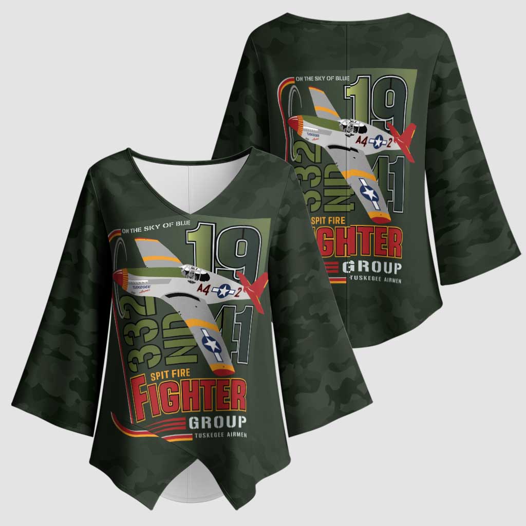 Tuskegee Airmen 332nd Spit Fire Kimono Sleeve Blouse Camo Moss Green - Wonder Print Shop