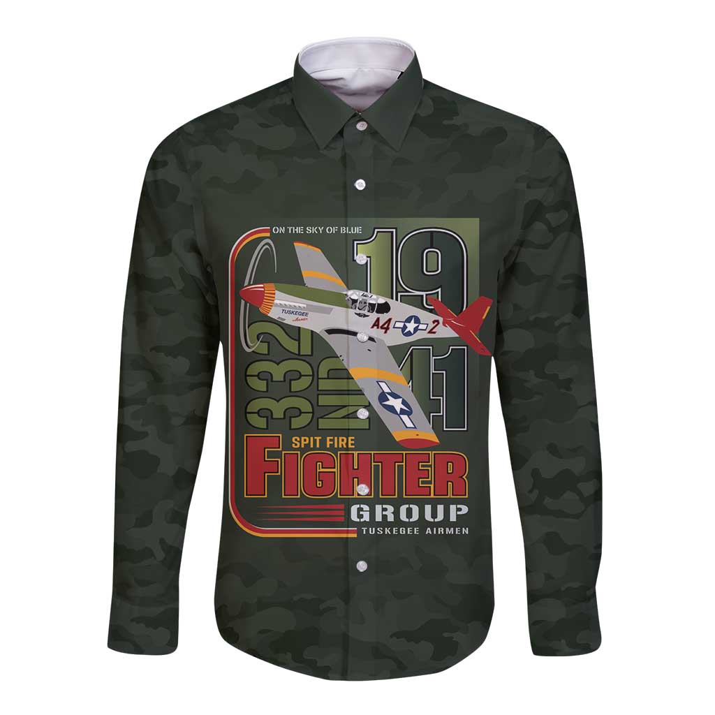 Tuskegee Airmen 332nd Spit Fire Long Sleeve Button Shirt Camo Moss Green - Wonder Print Shop