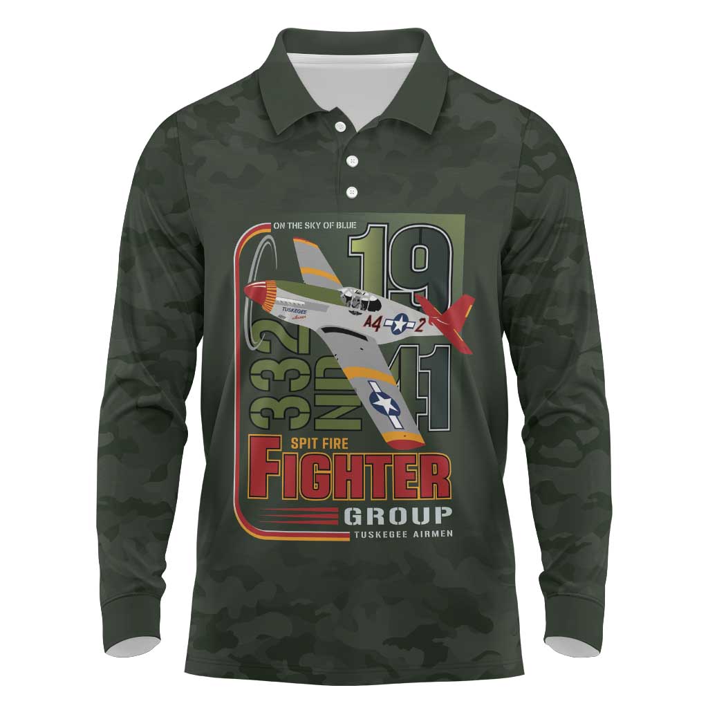 Tuskegee Airmen 332nd Spit Fire Long Sleeve Polo Shirt Camo Moss Green - Wonder Print Shop