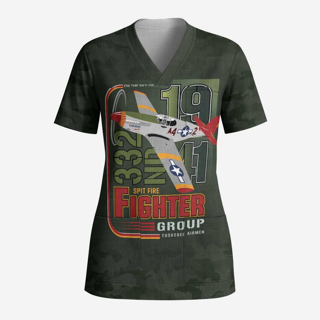 Tuskegee Airmen 332nd Spit Fire Scrub Top Camo Moss Green - Wonder Print Shop