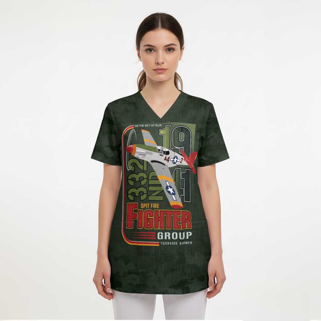 Tuskegee Airmen 332nd Spit Fire Scrub Top Camo Moss Green - Wonder Print Shop