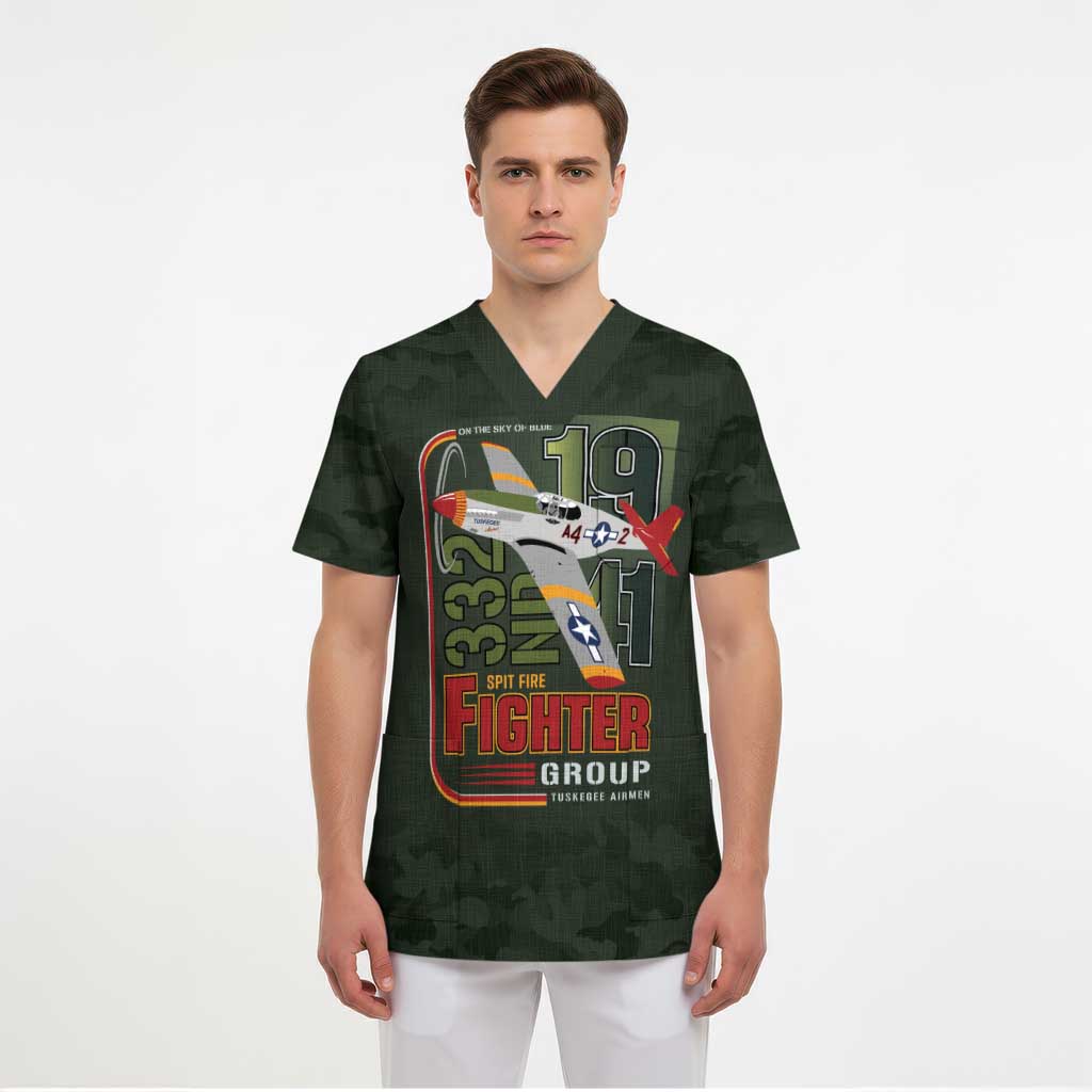 Tuskegee Airmen 332nd Spit Fire Scrub Top Camo Moss Green - Wonder Print Shop