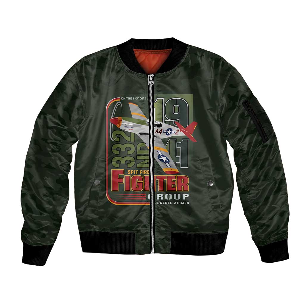 Tuskegee Airmen 332nd Spit Fire Sleeve Zip Bomber Jacket Camo Moss Green - Wonder Print Shop