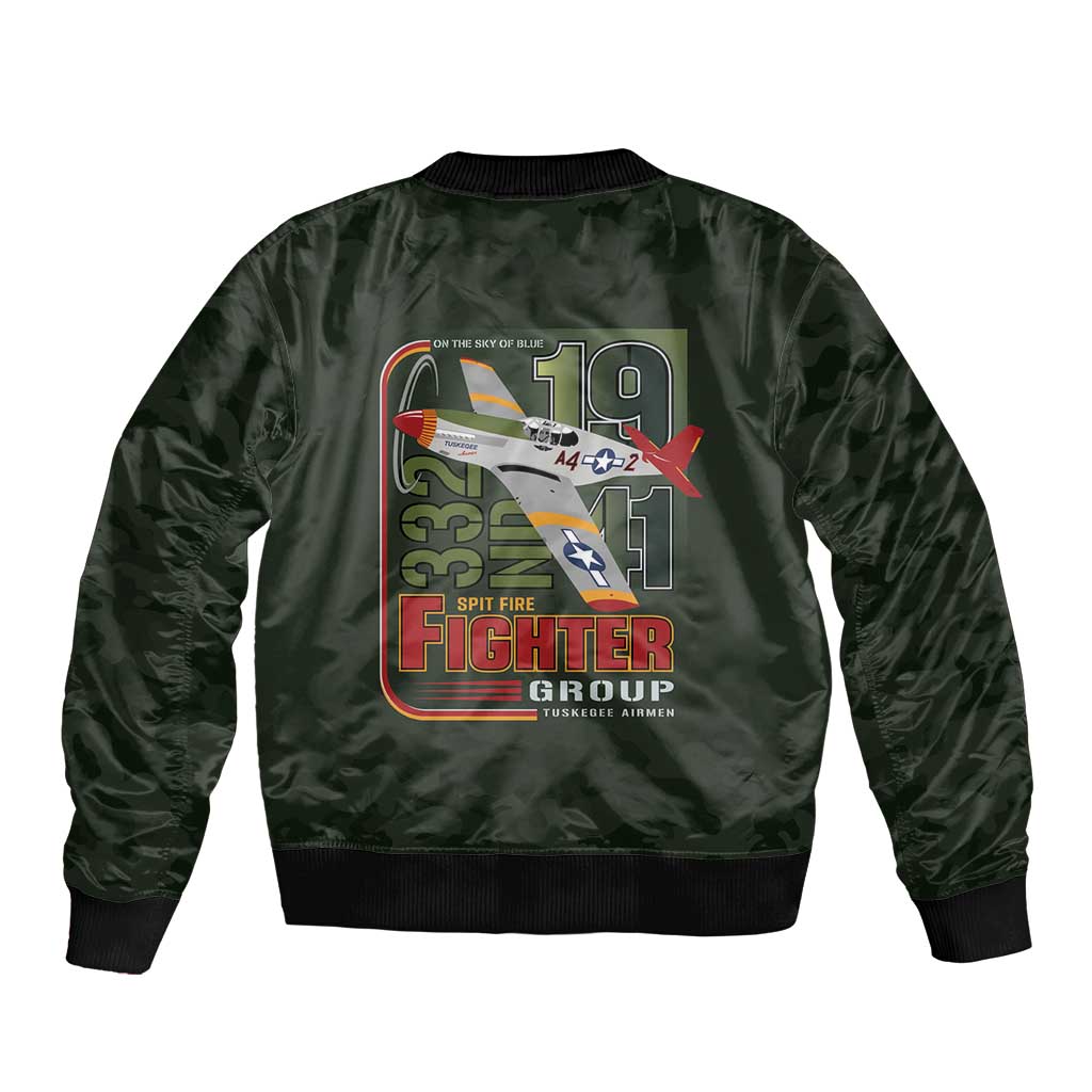 Tuskegee Airmen 332nd Spit Fire Sleeve Zip Bomber Jacket Camo Moss Green - Wonder Print Shop