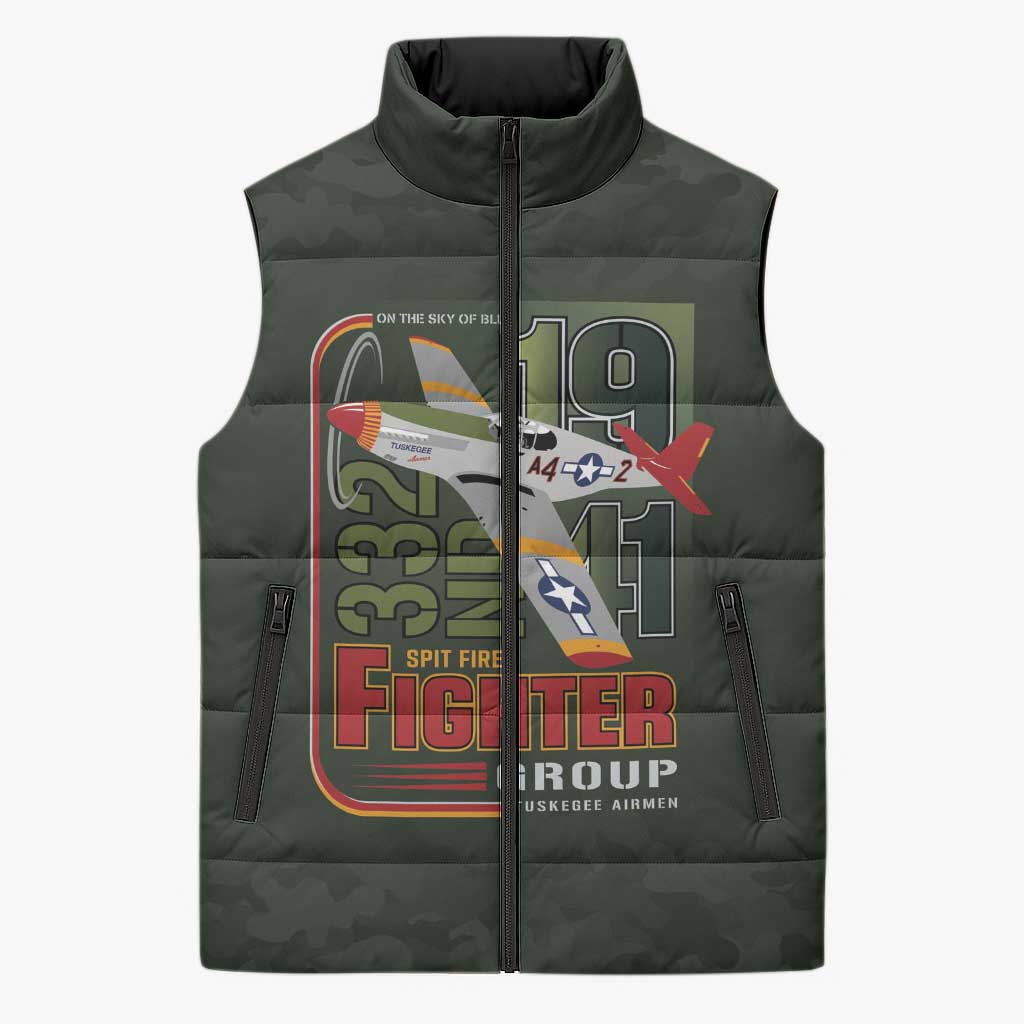 Tuskegee Airmen 332nd Spit Fire Sleeveless Puffer Jacket Camo Moss Green - Wonder Print Shop