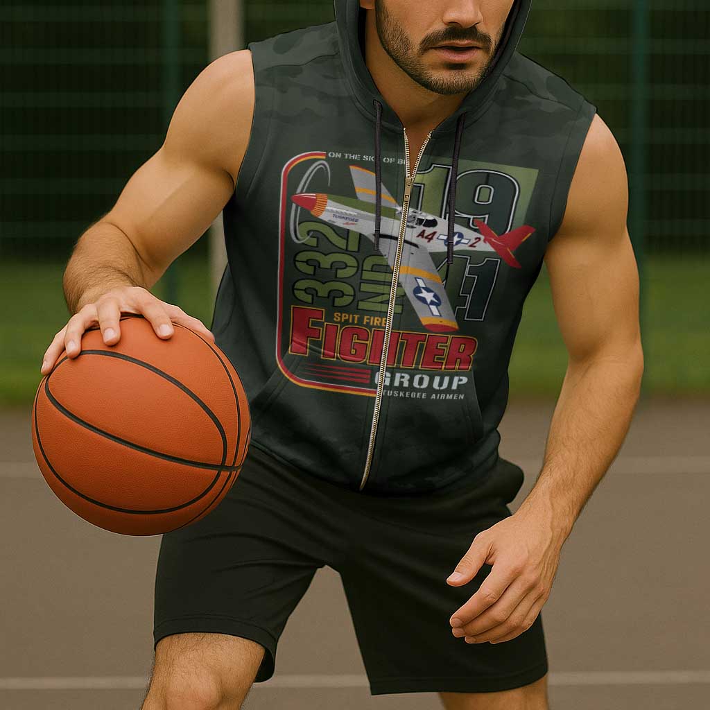 Tuskegee Airmen 332nd Spit Fire Sleeveless Zip Hoodie Camo Moss Green - Wonder Print Shop