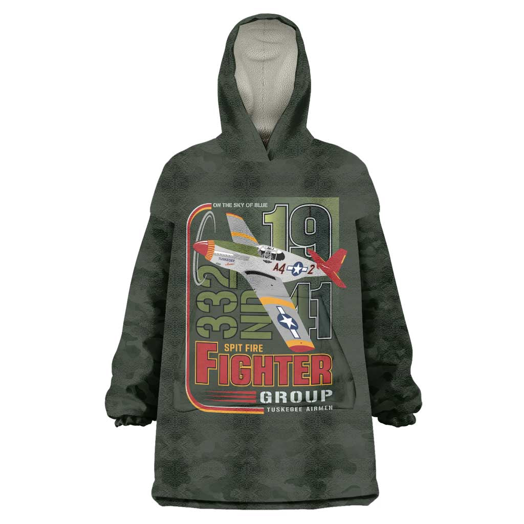 Tuskegee Airmen 332nd Spit Fire Wearable Blanket Hoodie Camo Moss Green - Wonder Print Shop