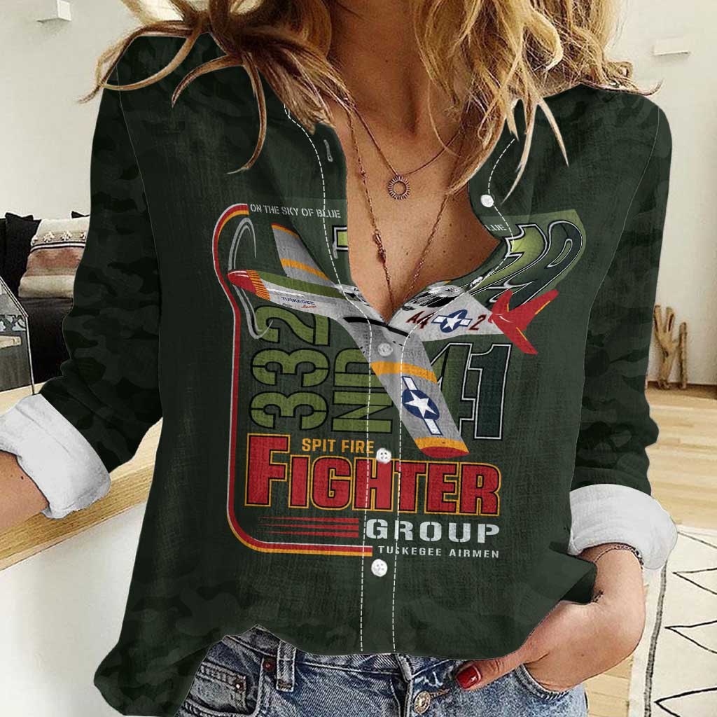 Tuskegee Airmen 332nd Spit Fire Women Casual Shirt Camo Moss Green - Wonder Print Shop