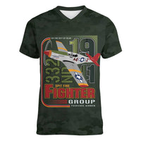 Tuskegee Airmen 332nd Spit Fire Women V-Neck T-Shirt Camo Moss Green - Wonder Print Shop