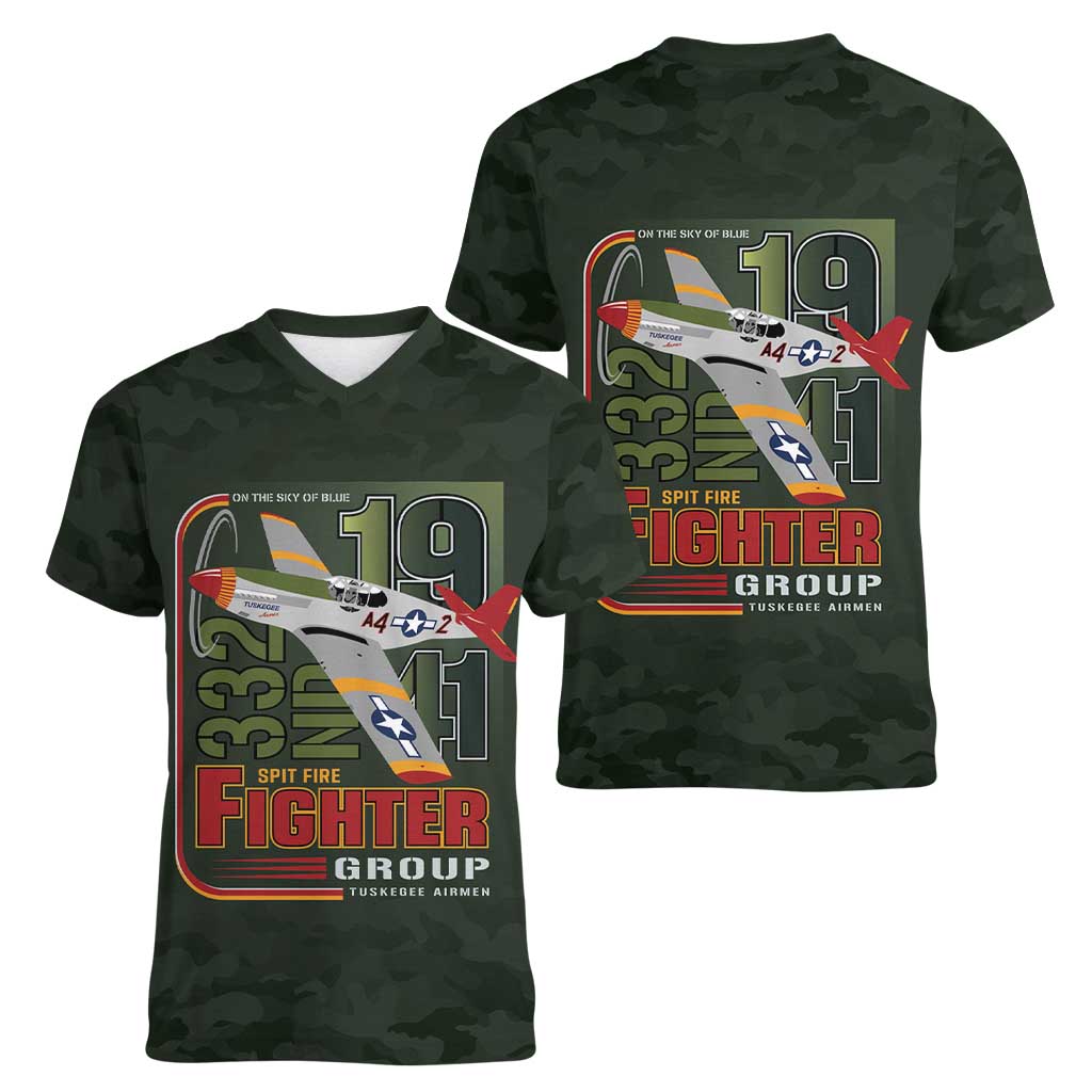 Tuskegee Airmen 332nd Spit Fire Women V-Neck T-Shirt Camo Moss Green - Wonder Print Shop