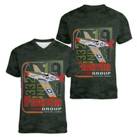 Tuskegee Airmen 332nd Spit Fire Women V-Neck T-Shirt Camo Moss Green - Wonder Print Shop