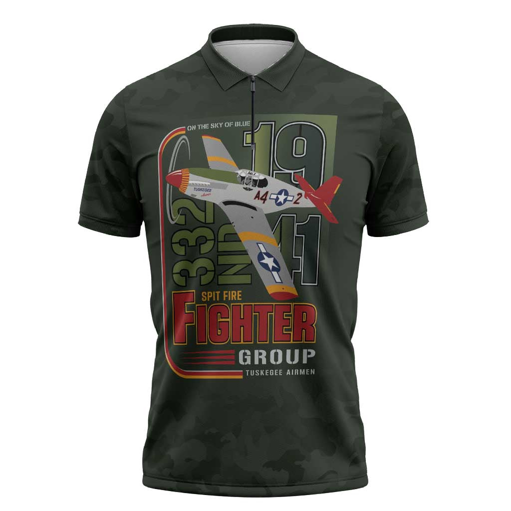 Tuskegee Airmen 332nd Spit Fire Zipper Polo Shirt Camo Moss Green - Wonder Print Shop