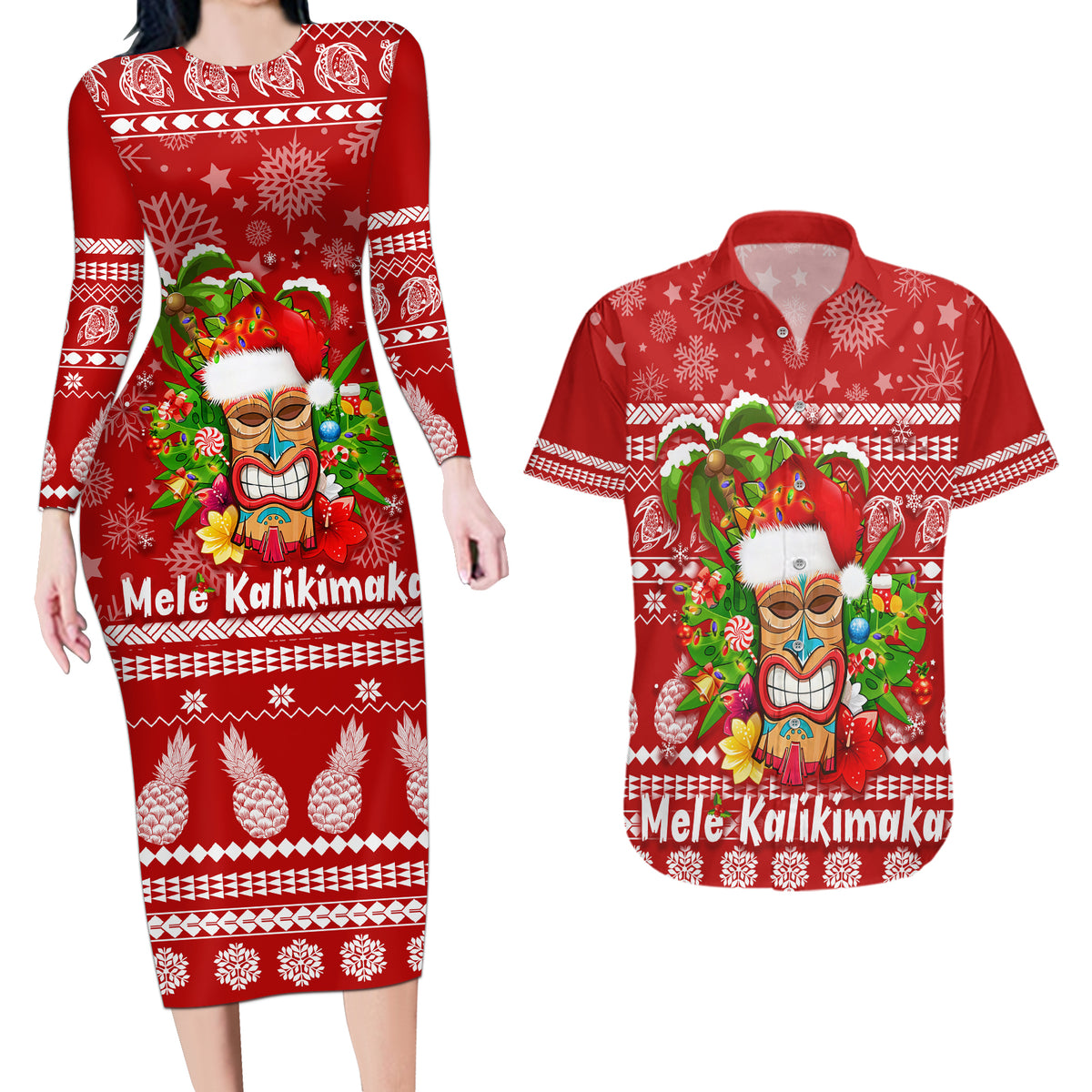 Hawaii Tiki Christmas Couples Matching Long Sleeve Bodycon Dress and Hawaiian Shirt Mele Kalikimaka LT7 - Wonder Print Shop