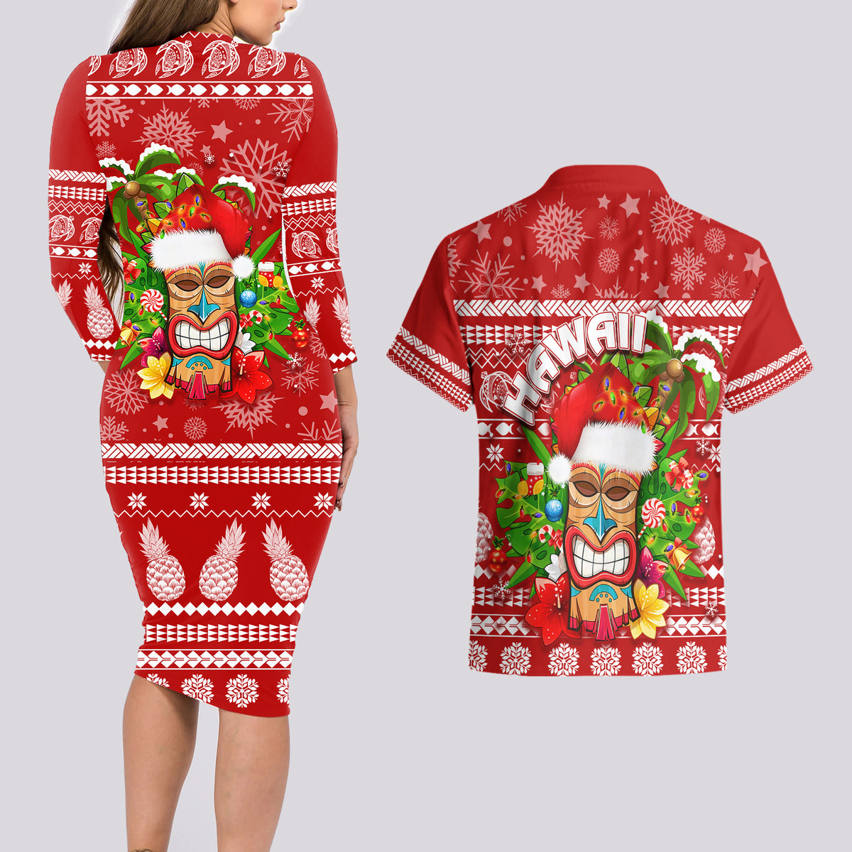 Hawaii Tiki Christmas Couples Matching Long Sleeve Bodycon Dress and Hawaiian Shirt Mele Kalikimaka LT7 - Wonder Print Shop