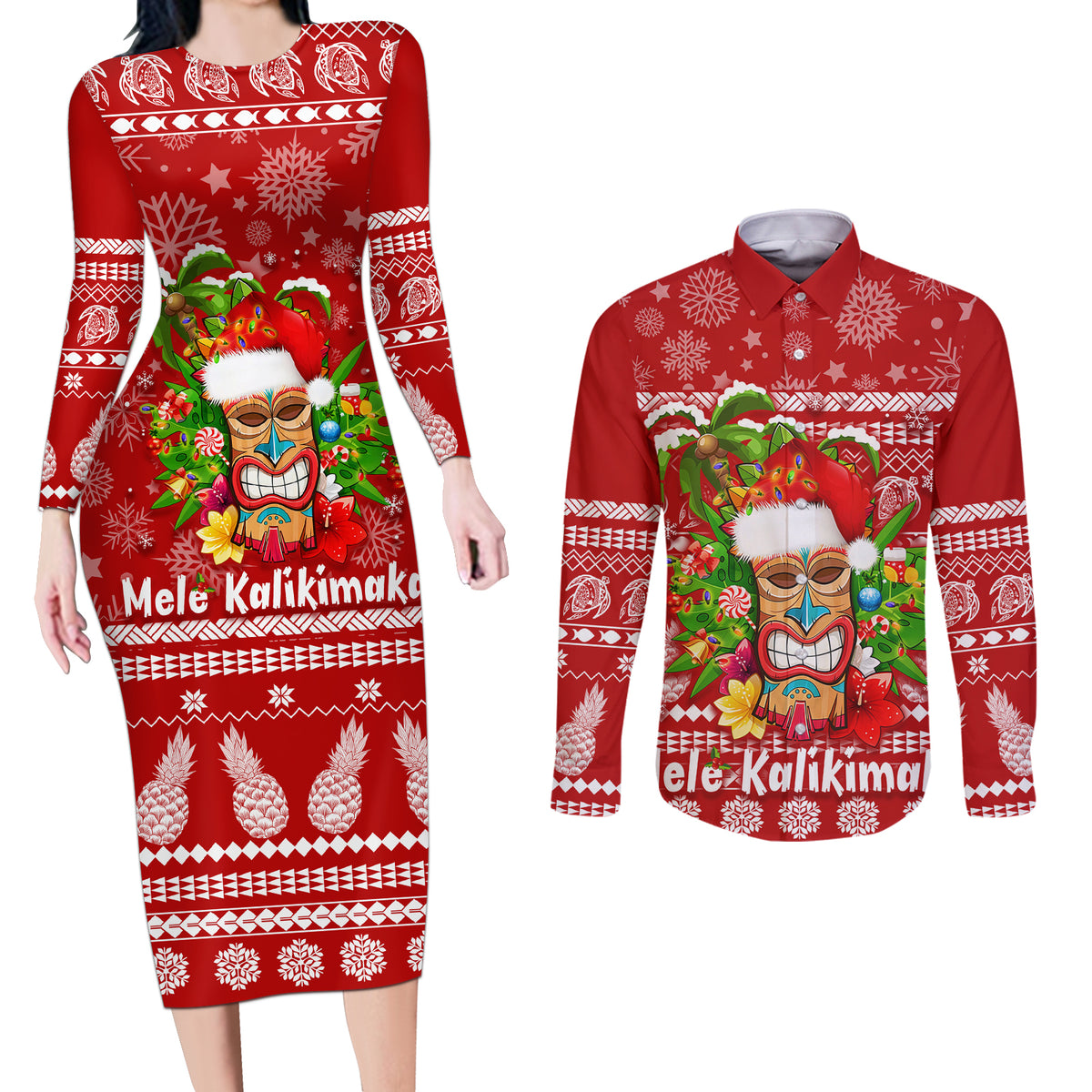 Hawaii Tiki Christmas Couples Matching Long Sleeve Bodycon Dress and Long Sleeve Button Shirt Mele Kalikimaka LT7 - Wonder Print Shop