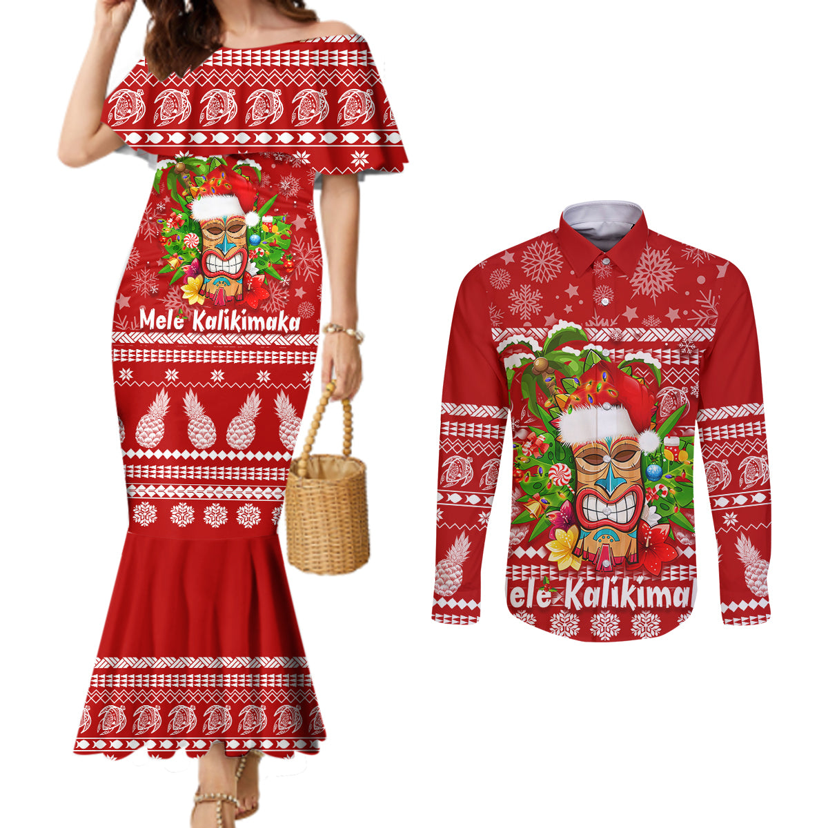 hawaii-tiki-christmas-couples-matching-mermaid-dress-and-long-sleeve-button-shirt-mele-kalikimaka